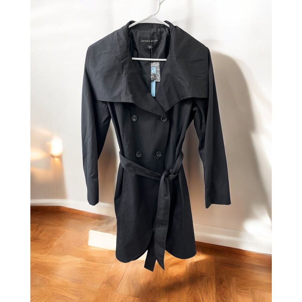 NWT Antonio Melani Black Wintour Trench Coat, Buttons Size M Belted‎ Winter